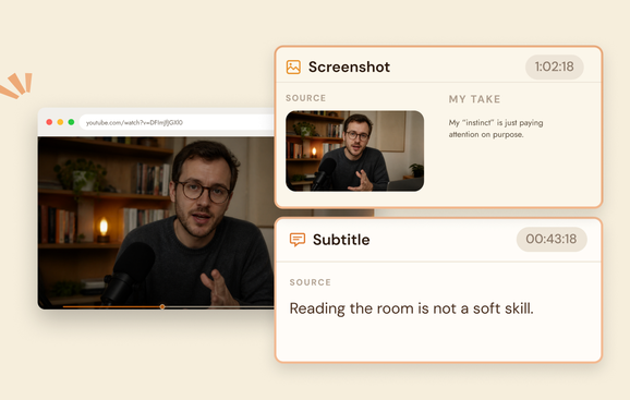 A browser window playing a video, with clipped cards for a screenshot and an on-screen subtitle beside it.
