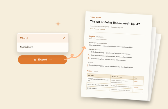 An exported review document with a digest section and a table of clips, beside an export button.