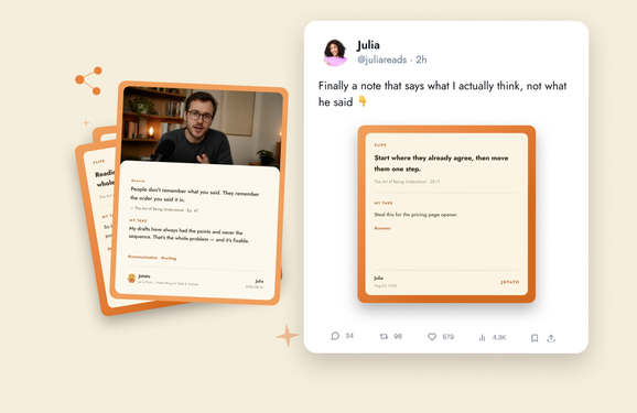 Two share cards, each pairing a quoted clip with the reader&rsquo;s own take.