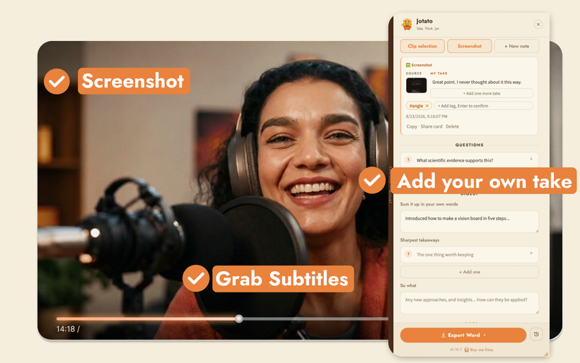 The Jotato sidebar open beside a YouTube video, with buttons to grab the frame and the on-screen subtitle.