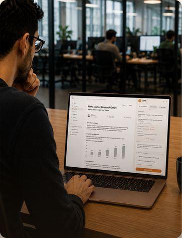 A professional at a desk reading research with the Jotato sidebar open.