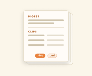 A stack of review documents with digest and clips sections, exportable as .doc or .md.